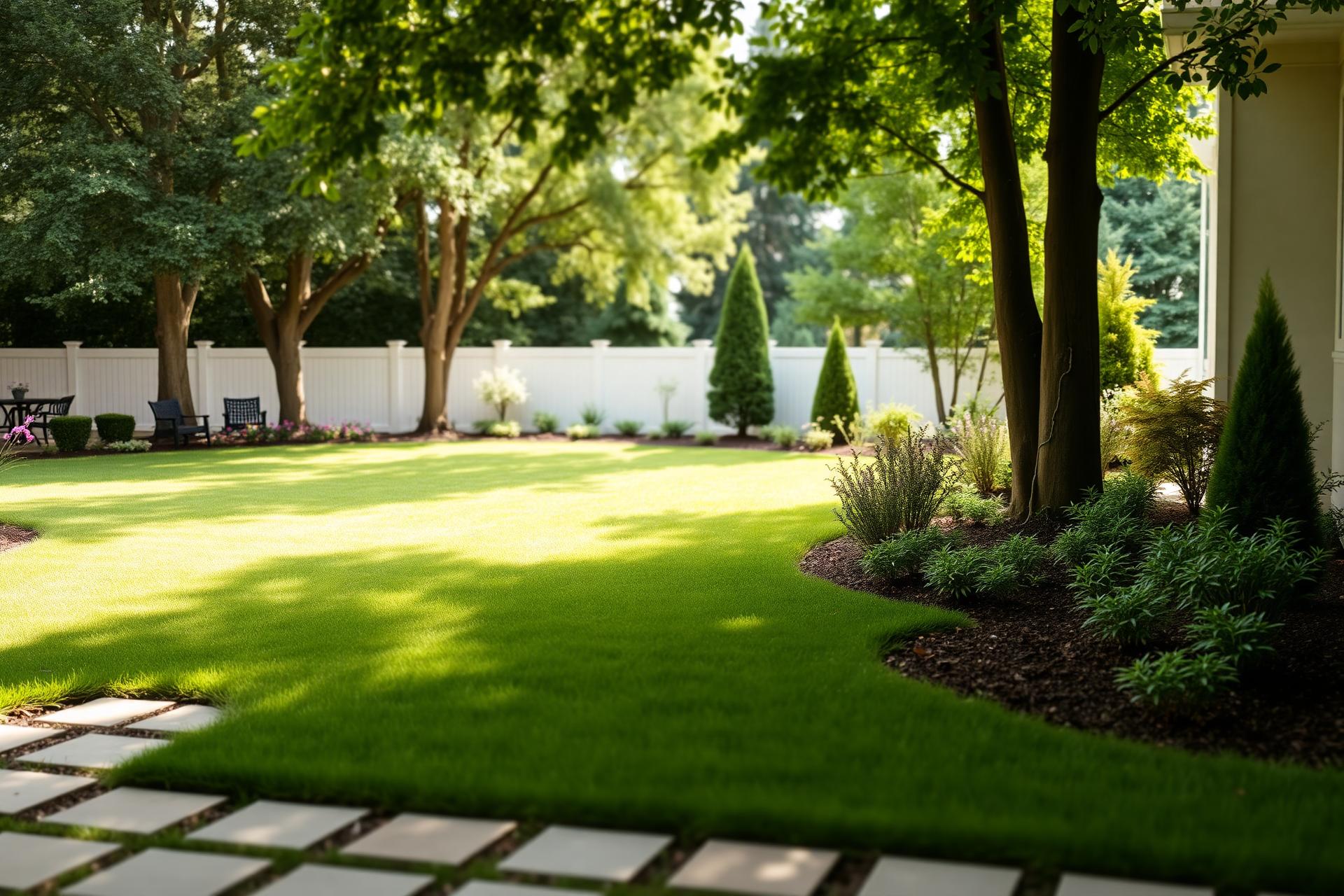 Manicured backyard with green lawn, pavers, and mature trees